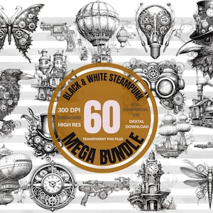 Steampunk Clipart Mega Bundle: Schwarz weiß Vintage Grafiken (PNG Digital Download)