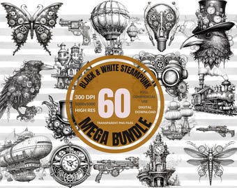 Steampunk Clipart Mega Bundle: Black and White Vintage Graphics (PNG Digital Download)