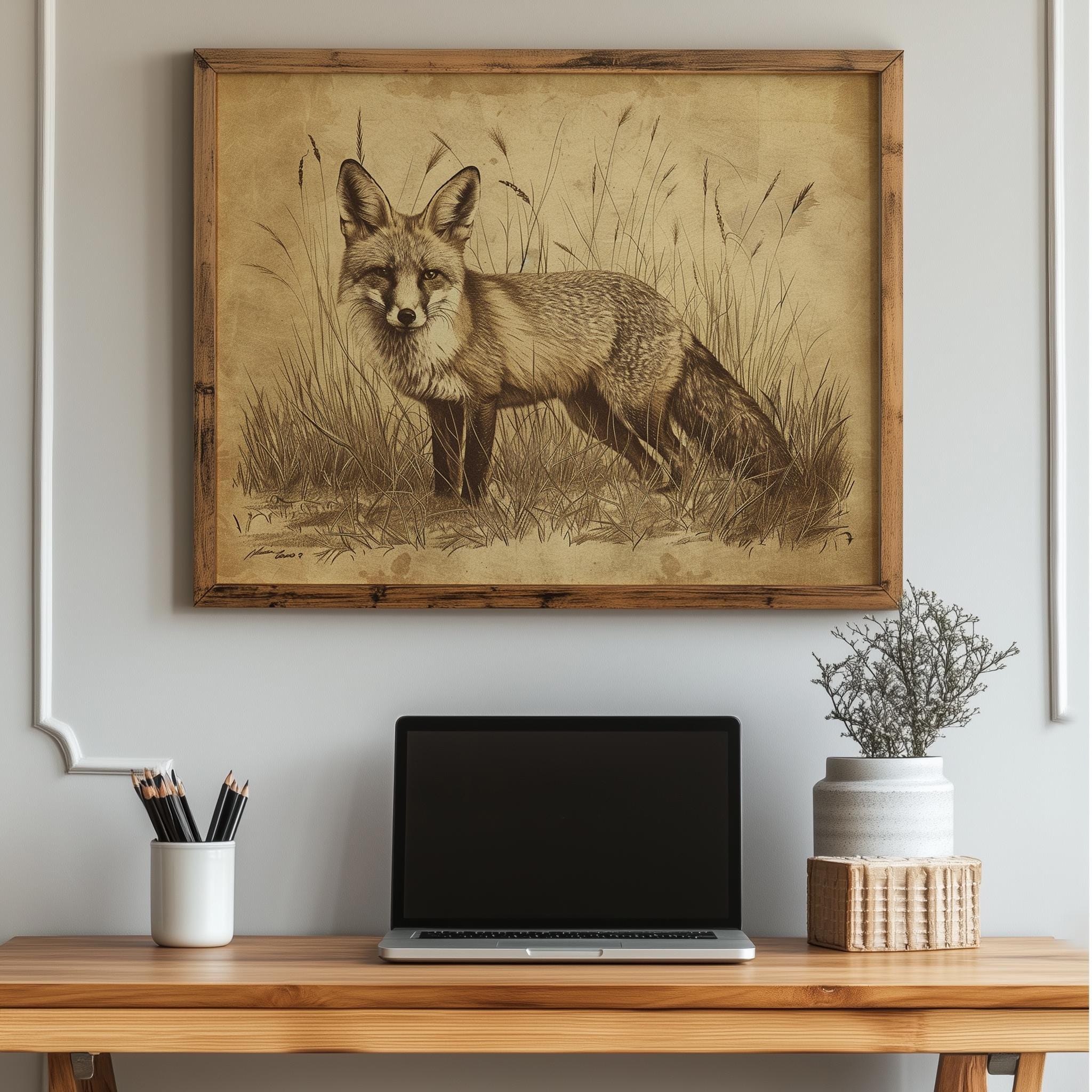 Rustic Fox Image Vintage Red Fox Illustration - Rustic Farmhouse Wall Art, Natural ...
