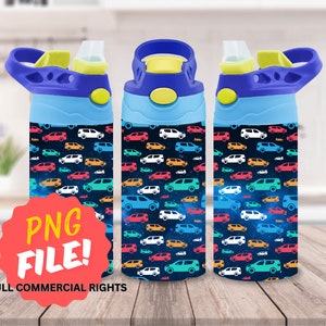 May include: Three blue water bottles with a colourful car pattern on a wooden surface. The bottles have a yellow lid and a blue handle.