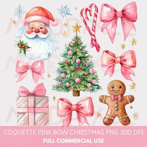 Pink Coquette Christmas Bow PNG, Festive Pink Holiday Bow Design, Santa and Coquette Christmas Shirt PNG, Cute Pink Christmas Bow Clipart