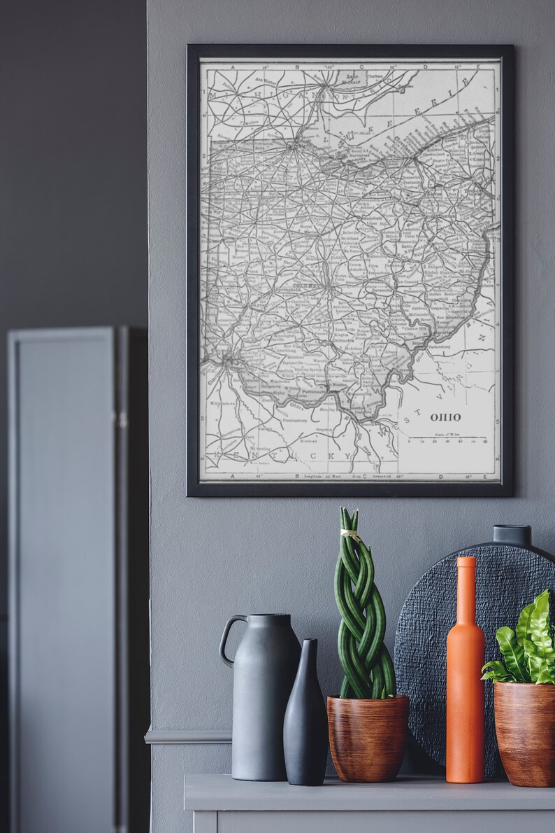 Vintage Black and White Map of Ohio Printable Digital Art PRINTABLE ...