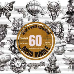 Steampunk Clipart in bianco e nero - grafica clip art fantasy e fogli collage clipart Mega Bundle - Grafica industriale vintage