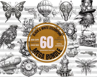 Steampunk Clipart Black and White - fantasy clip art graphics and collage sheets clipart Mega Bundle - Vintage Industrial Graphics