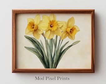 Vintage Daffodil Botanical Print - Classic Cottagecore Wall Art, March Birth Flower, Hand-Painted Watercolor, Printable, Digital Art 192