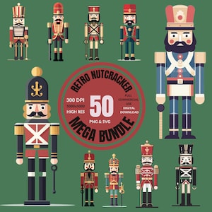May include: A set of 50 retro nutcracker illustrations in various colors and designs. The illustrations are in a flat style and feature a variety of nutcracker characters, including soldiers, kings, and musicians. The illustrations are perfect for use in holiday crafts, scrapbooking, and other creative projects.