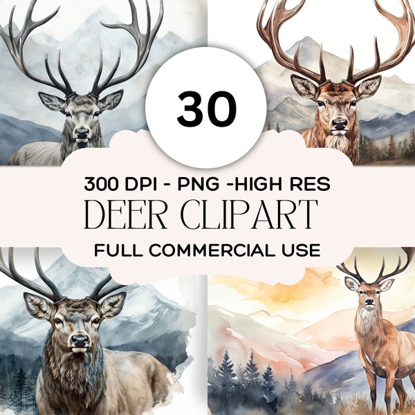 Deer Clipart SET OF 30, Watercolor Clip Art, Watercolor, Textures, buck, Shapes, Background,
