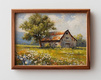 May include: A framed painting of a rustic barn with a weathered, rusty roof, set in a vibrant field of wildflowers. A large tree provides shade, and the sky is a mix of blue and white. The artwork is in a brown wooden frame.