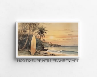 Vintage Surfboards on the beach| Samsung Frame TV Art | Frame TV 4k Sunset | Hawaii Palm Trees | Summer Art for TV
