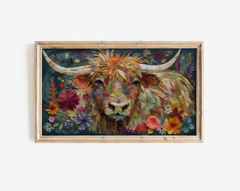 Scottish Highland Cow Mixed Media | Samsung Frame Tv Art | Mixed Media Art | Highland Cow Digital Download