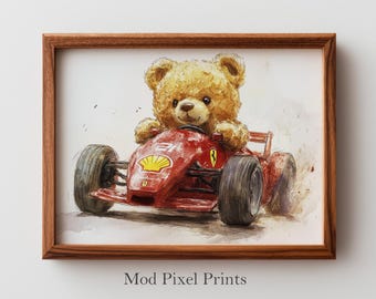 Vintage F1 Racing Teddy Bear Print - F1 Racing Nursery Art, Charming Watercolor Car Illustration, Playful Kid's Room Decor, Printable 250