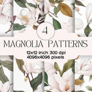 Magnolia Floral Seamless Patterns - Magnolia Flower Download - Creme Grün Floral - druckbares Scrapbook Papier