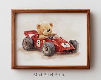 Cute Teddy Bear Driving Vintage Race Car - Nursery Wall Art for Kids, Playful Watercolor Illustration Decor, Printable Peekaboo Racing 260