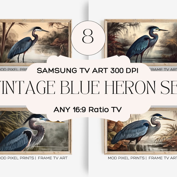 Samsung Frame TV Art | Blue Heron Vintage Painting SET | Frame tv Art | Digital Download | Art for Samsung Frame TV