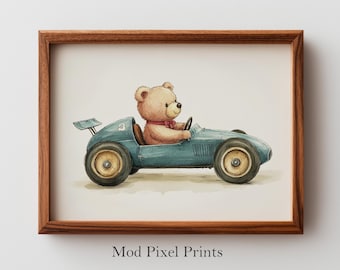 Cute Nursery Car Wall Art - Teddy Bear in Vintage Race Car, Playful Children’s Room Decor, Watercolor Soft Pastel, Printable Download 255