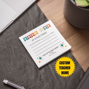 May include: A white note card with colorful pennants that spell out "GOOD JOB" and the text "at school today!"  The note card has lines for writing and the text "Just a note to brag about because..."  The note card also has the text "KEEP UP THE GREAT WORK!" and "FROM: Mrs. Anderson".  A yellow starburst sticker with the text "CUSTOM TEACHER NAME" is on the bottom right corner of the note card.