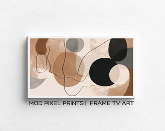 May include: Abstract art print with brown, black, and gray shapes on a beige background. The print features a simple line drawing and a textured effect.