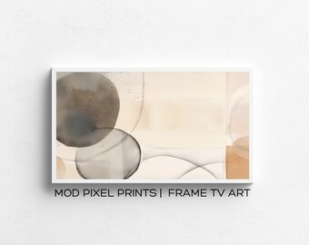 May include: Abstract art print with a white background and overlapping circles in shades of brown, gray, and beige. The print is framed in a white frame.