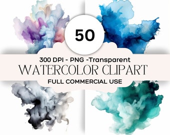 Watercolor Clipart Set: 50 PNG Textures, Blobs, Shapes (Digital Download)