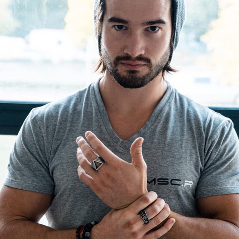 Mens LARGE Brushed Silver Triangle ENGRAVED Ring Guys Chunky Etsy