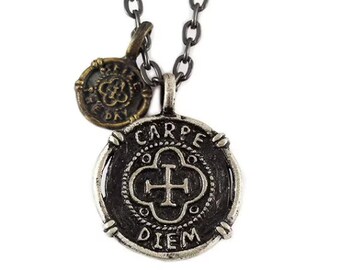 Carpe Diem Necklace and Pendant Seize the Day Charm Mens Jewelry Black Chain