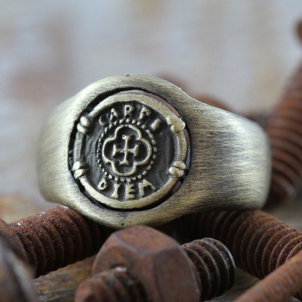 Gold Signet Ring Coin Oxidized Brass Personalized Mens Jewelry