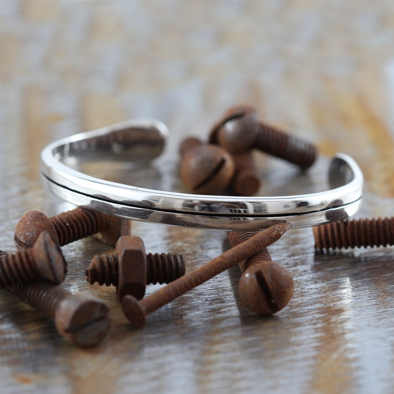 Custom Mens Polished Sterling Silver Bracelet, Personal Engraved Boyfriend Bangle, Mens Handstamped Unique Name Jewelry Dapper Man Jewellery image 9