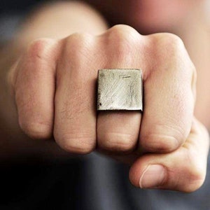 Antique Square Personalised Rings, Silver Ring Men Matte Oxidized Rustic Jewellery, Dark Silver Man Geometric Fashion Jewelry