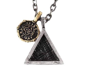 Mens URBAN Sterling Silver Triangle Necklace, Guys Silver And Alloy Seize The Day Pendant, Oxidized Cool Geometric Jewelry Man