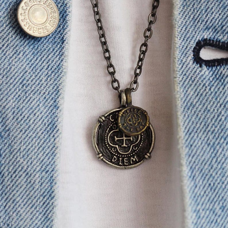 Gold Coin Necklace Mens Silver Coin Necklace Carpe Diem Etsy