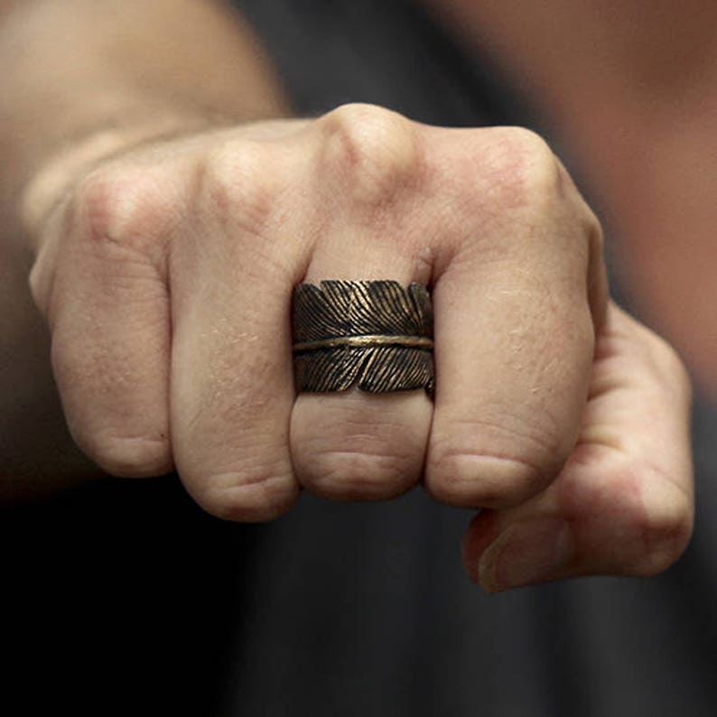 Gold Feather Ring Mens Rustic Brass Rings Jewelry for Men Etsy