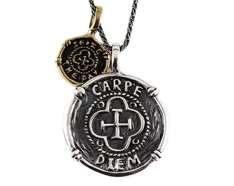 Mens Sterling Silver Necklace - Carpe Diem Pendant -Coin Necklace - Mens Cool Necklace