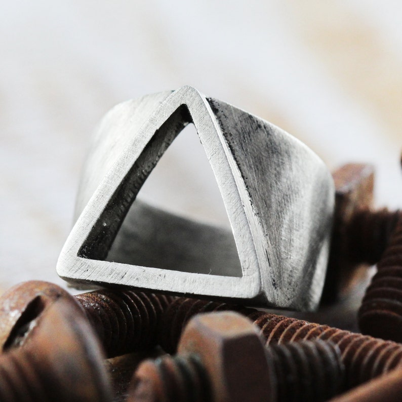 Mens Signet Ring Engraved Silver Triangle Ring Geometric Ring Man Mens Ring Triangle Ring Man Man Unique Ring image 8