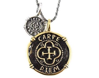 Guys Silver And Alloy SEIZE THE DAY Pendant, Mens Carpe Diem Sterling Silver Coin Necklace, Oxidized Cool Charm Jewelry Man