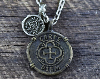 Mens CARPE DIEM Sterling Silver And Brass Coin Necklace, Guys Silver And Alloy Seize The Day Pendant, Oxidized Cool Charm Jewelry Man