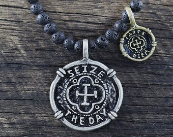 Carpe Diem Pendant Black Lava Stone Beads Seize the Day Mens Necklace