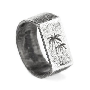 Personalized Tropical Guys Alloy Silver Ring, Brushed Silver Men's PALM TREE Engraved Ring, Classic Simple Everyday Work Jewelry Man