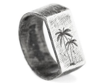 Personalized Tropical Guys Alloy Silver Ring, Brushed Silver Men's PALM TREE Engraved Ring, Classic Simple Everyday Work Jewelry Man