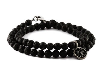 Wrap Bracelet for man made from Lava Volcanic Stone beads with a Carpe Diem Silver Coin Charm