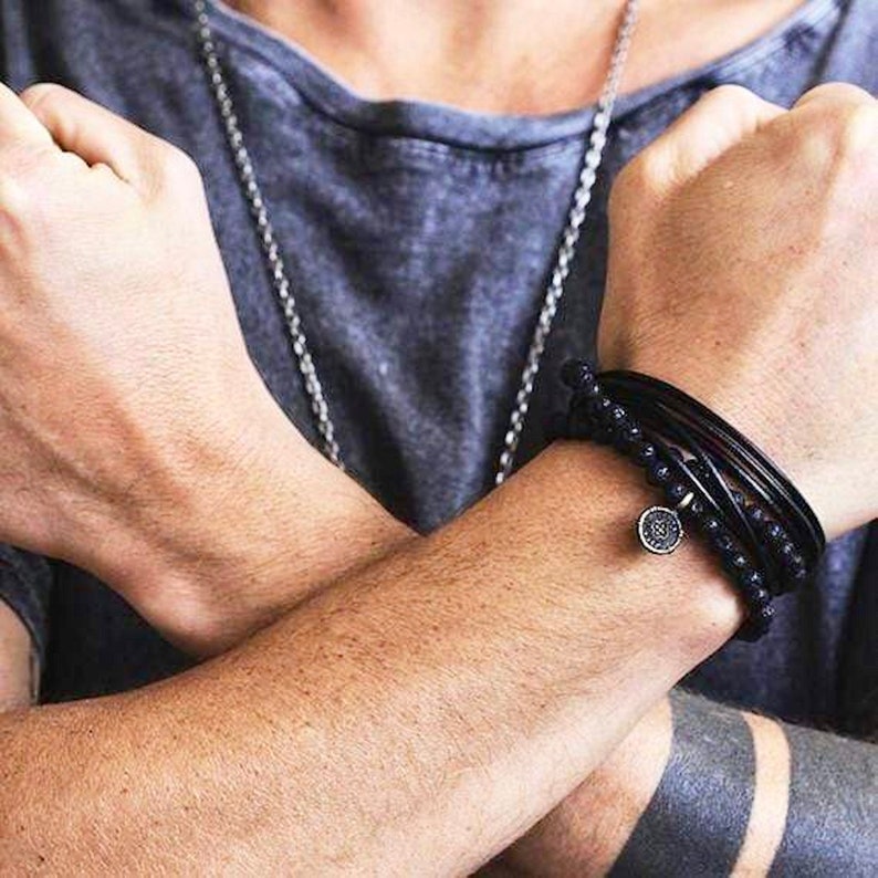 Men/'s Vegan Leather SEIZE THE DAY Lava Bead Brass Coin Wrap Bracelet Oxidized Cool Charm Jewelry Man Guys Brass Carpe Diem Bracelet