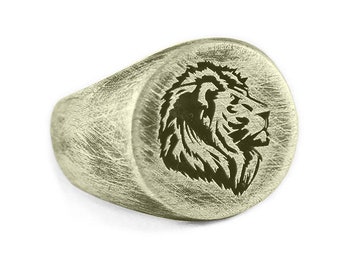 Mens Brushed Gold LION Signet Ring, ANIMAL Guys Chunky Oxidized Brass ENGRAVED Statement Ring, Simple Funky Urban Jewelry For Man