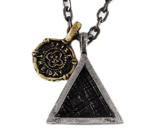 Silver Triangle Pendant Mens Necklace Chain Geometric Oxidized Jewelry