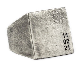 Antique Square Personalised Date Ring, Silver Ring Men Matte Oxidized Rustic Jewellery, Engraved  Geometric Fashion Jewelry