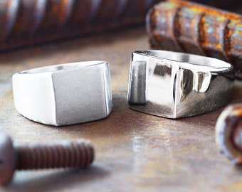 Antique Square Signet Personalised Rings, Stainless Ring Rustic Jewellery, Dark Silver Man Engraved Fashion Jewelry