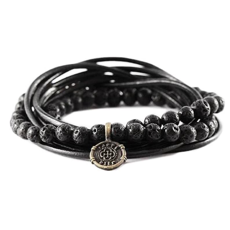 Men/'s Vegan Leather SEIZE THE DAY Lava Bead Brass Coin Wrap Bracelet Oxidized Cool Charm Jewelry Man Guys Brass Carpe Diem Bracelet