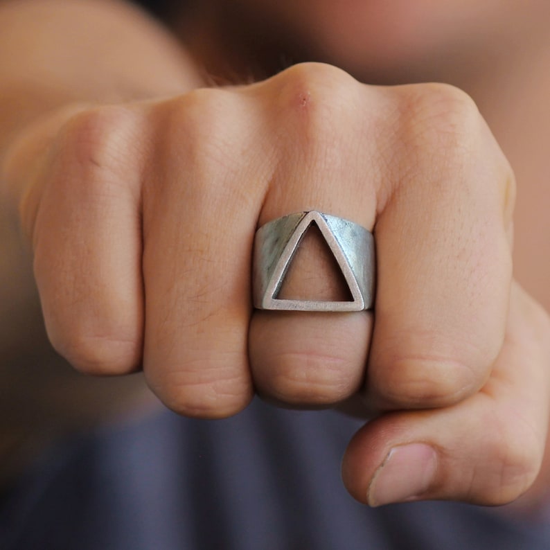 Mens Signet Ring Engraved Silver Triangle Ring Geometric Ring Man Mens Ring Triangle Ring Man Man Unique Ring image 6