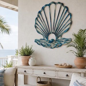 Jacobsschelp metalen muurkunst, kust oceaan muur decor, strand huis muur sculptuur, schelp muur decor voor woonkamer terras
