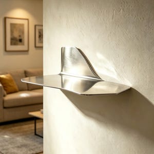 Flytande vägghylla i rostfritt stål, modern minimalistisk, borstad silvermetall, osynlig väggmonterad displayhylla, heminredning