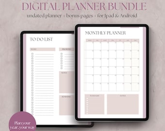 May include: A digital planner bundle for iPad and Android. The image shows two pages of the planner, a to-do list and a monthly calendar. The planner is undated and includes bonus pages. The text "Plan your year, your way" is at the bottom of the to-do list page. The text "Plan y*ur life" is at the bottom of the monthly calendar page.