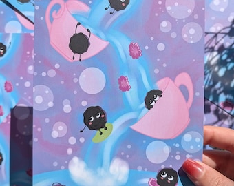 Susu Tea Time — Kawaii Ruß Sprite Kunstdruck 13 x 18, Anime inspirierter Fan Art